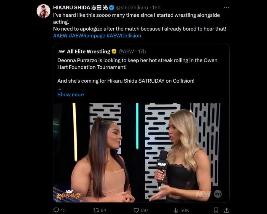 Hikaru Shida to Deonna Purrazzo: "I’ve heard [things] like this sooooo many times since I started wrestling alongside acting. No need to apologize after the match because I'm already bored to hear that!"